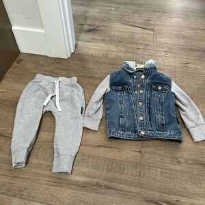 Little Bipsy Hooded Denim Jacket and Gray Joggers Set (12-18 Mos)